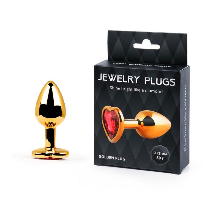 Малая золотистая анальная пробка Jewelry Plugs с красным кристаллом-сердцем - 7 cм Малая золотистая анальная пробка Jewelry Plugs с красным кристаллом-сердцем - 7 cм