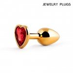 Малая золотистая анальная пробка Jewelry Plugs с красным кристаллом-сердцем - 7 cм