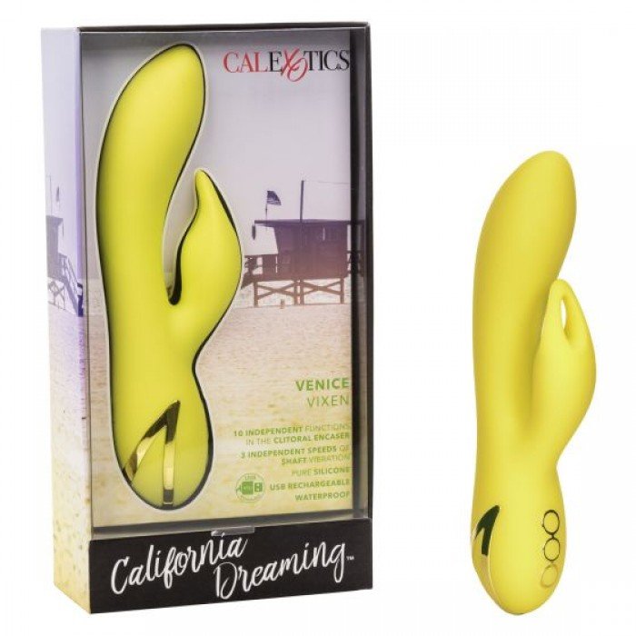 Вибратор с  клиторальным отростком в виде ушка California Dreaming - Venice Vixen - жёлтый - 18 см