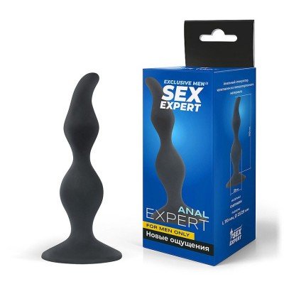 Анальная пробка рельефная с загнутым кончиком Sex Expert - чёрная - 12 см