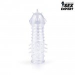 Закрытая насадка на пенис Sex Expert - New Shape с шипиками и рёбрышками - прозрачная - 13,5 см