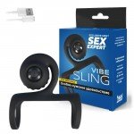 Перезаряжаемая вибронасадка на пенис Sex Expert Vibe Sling с клиторальным стимулятором - чёрная - 8 см