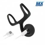 Перезаряжаемая вибронасадка на пенис Sex Expert Vibe Sling с клиторальным стимулятором - чёрная - 8 см