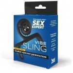 Перезаряжаемая вибронасадка на пенис Sex Expert Vibe Sling с клиторальным стимулятором - чёрная - 8 см