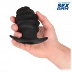 Анальная пробка из силикона с тоннелем для дополнительной стимуляции и наполнения жидкостями Sex Expert размера L - чёрная - 10 см