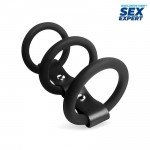 Насадка на пенис из трех эластичных эрекционных колец Sex Expert два на пенис и одно на мошонку - чёрная Насадка на пенис из трех эластичных эрекционных колец Sex Expert два на пенис и одно на мошонку - чёрная