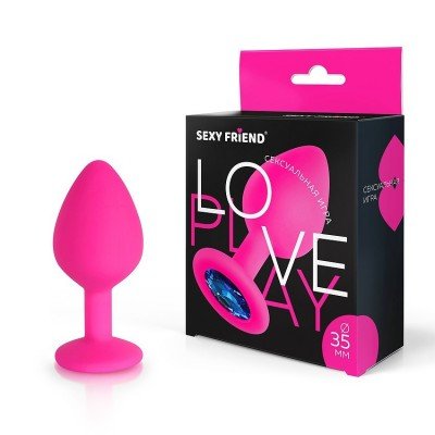 Силиконовая анальная пробка Sexy Friend розовая с синим кристаллом - 8 см