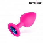 Силиконовая анальная пробка Sexy Friend розовая с синим кристаллом - 8 см