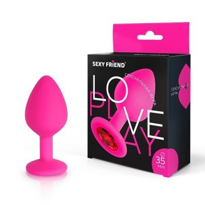 Силиконовая анальная пробка Sexy Friend розовая с красным кристаллом - 8 см