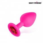 Силиконовая анальная пробка Sexy Friend розовая с красным кристаллом - 8 см