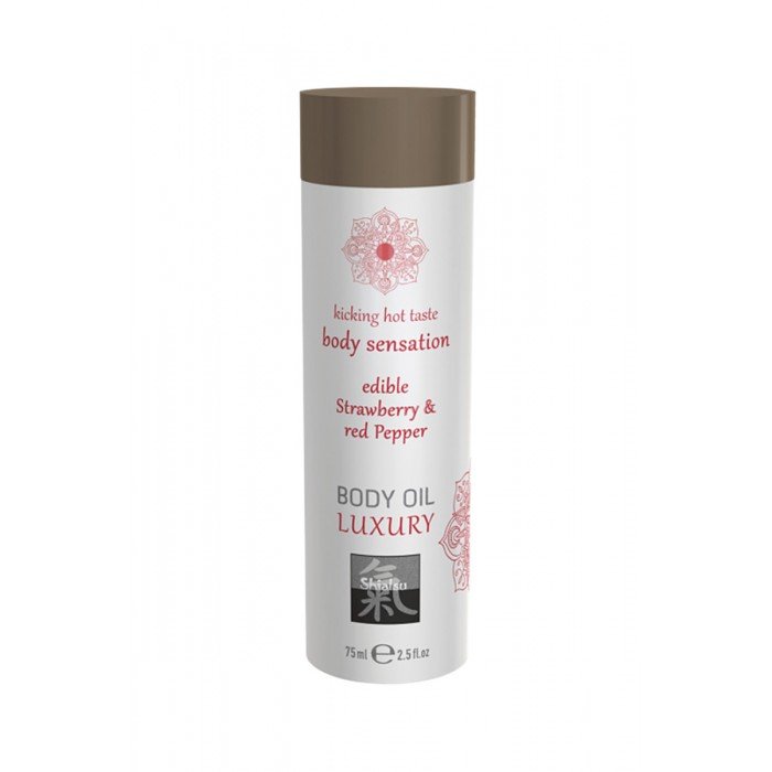Съедобное массажное масло Body Oil Luxury с ароматом Клубники и красного перца - 75 мл Съедобное массажное масло Body Oil Luxury с ароматом Клубники и красного перца - 75 мл