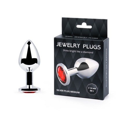 Средняя металлическая анальная пробка Jewelry Plug серебристая с красным кристаллом - 8 см