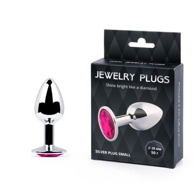 Малая анальная металлическая пробка Jewelry Plug серебристая с малиновым кристаллом - 7 см