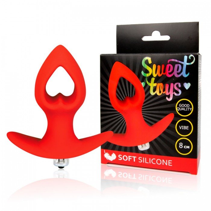 Силиконовая анальная пробка-сердечко с вибрацтей Sweet Toys - красная - 8 см