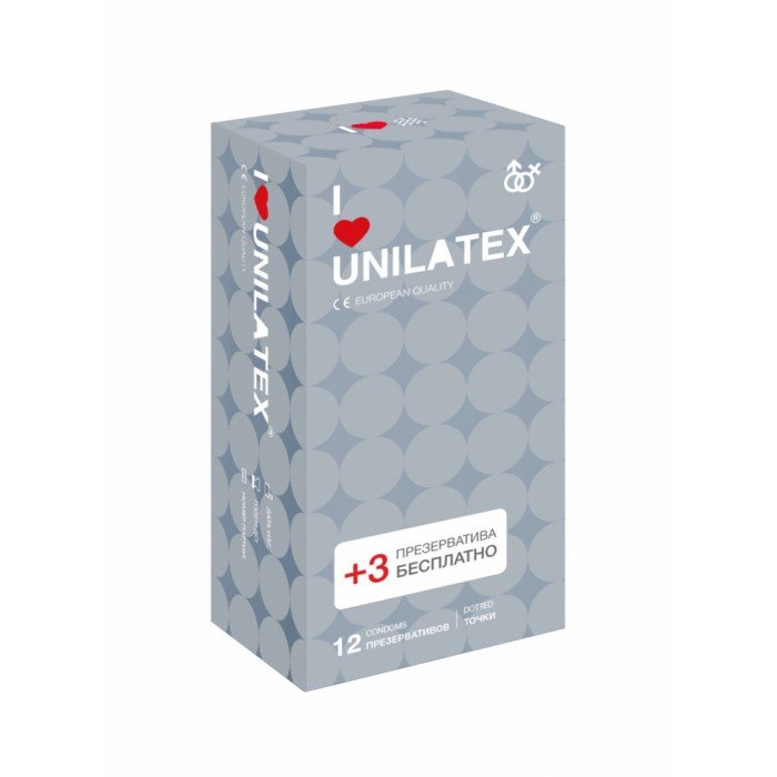 Латексные презервативы c точечной поверхностью Unilatex Dotted - 12 шт + 3 шт в подарок