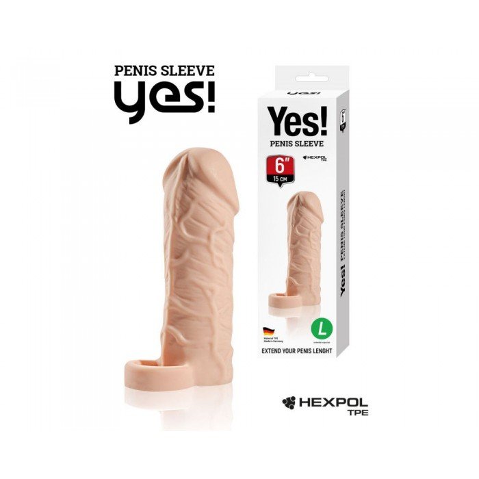 Удлиняющая насадка на пенис Penis Sleeve Yes с кольцом для фиксации на мошонке - размер L - телесная - 15 см Удлиняющая насадка на пенис Penis Sleeve Yes с кольцом для фиксации на мошонке - размер L - телесная - 15 см